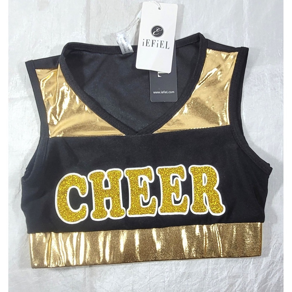 iEFiEL Girl's Black & Metallic Gold Glitter Cheer Cropped‎ Tank Top - US Size 6